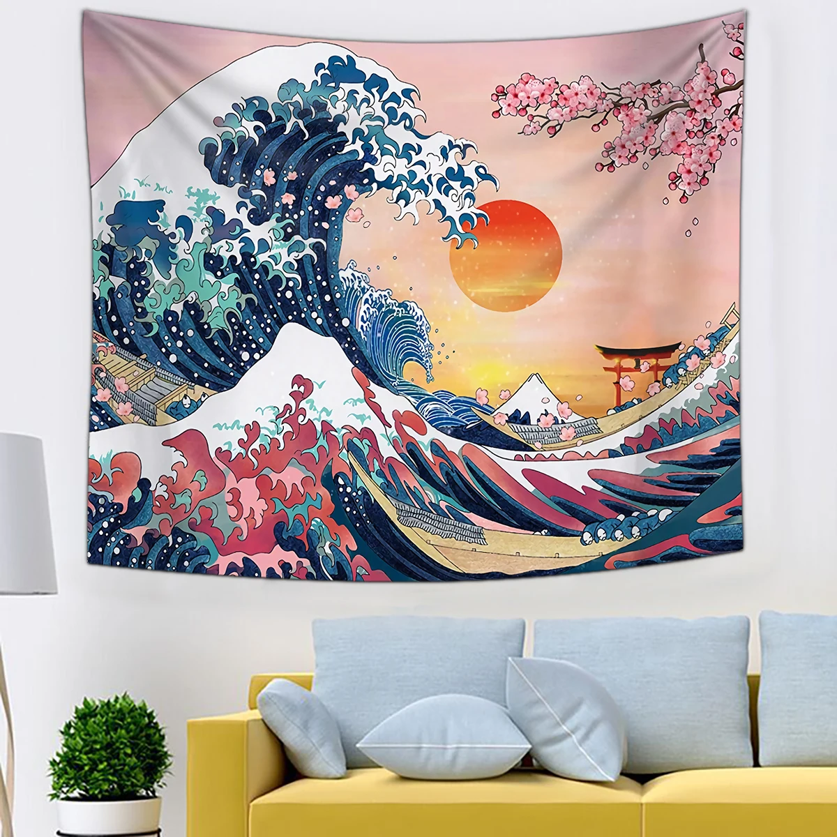 The Waves Tapestry Wall Hanging Fabrics Printed Japanese Artistic Room Decor Cherry Blossoms Sun Decorative Tapestry Wall Carpet colorful skull and floral tapestry pink wall hanging flowers printed wall carpet decorative tapestry
