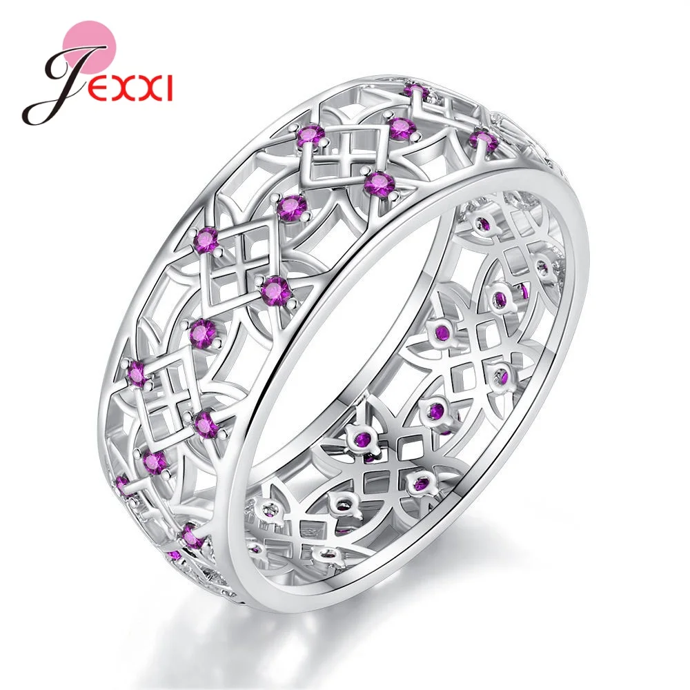 

New Fashion 925 Sterling Silver Wide Finger Rings For Women Girls White/Fuchsia Color Cubic Zirconia Wide Rings For Wedding