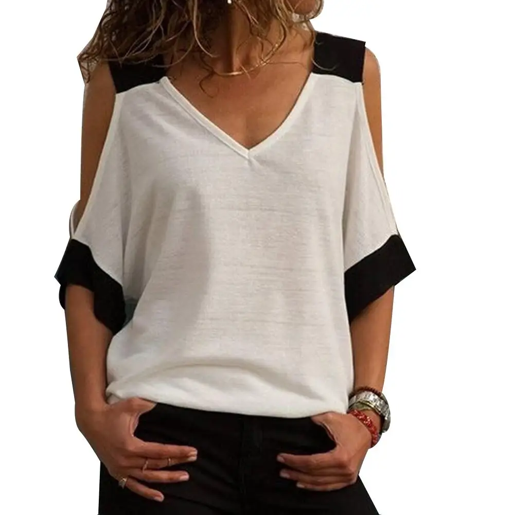 Женская мода холодное плечо контрастный цвет футболка V шеи Половина рукава