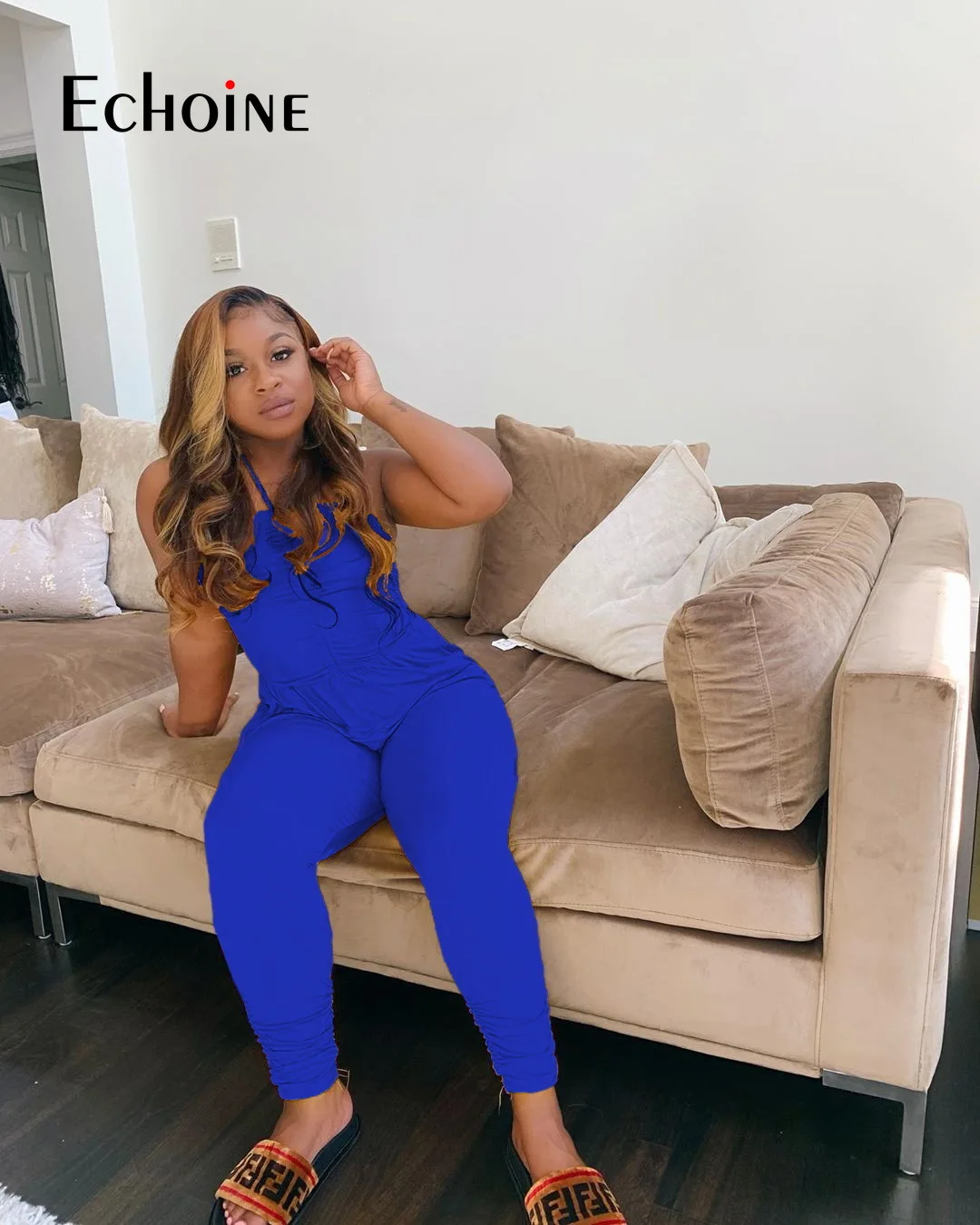 

Echoine Women Solid Halter Neck Sleeveless Bodycon Stached Jumpsuit Fashion Streetwear One Piece Overall Rompers Plus Size 4XL