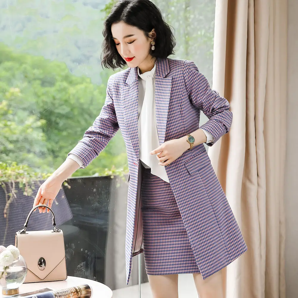 Женская юбка костюмы Женские клетчатые деловые блейзер и пиджак Sut комплект из 2