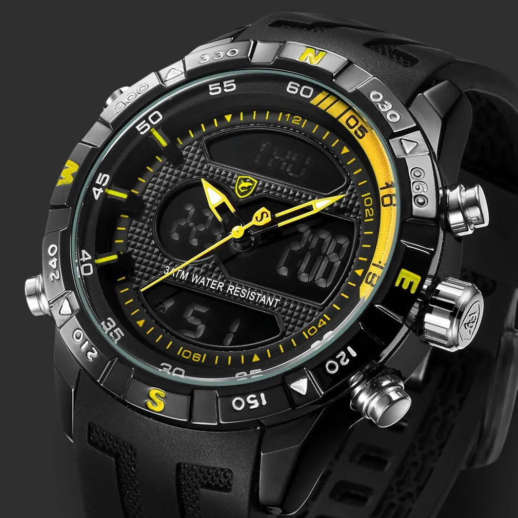 Крутой дизайн Акула мужские Секундомер Календарь Автоматическая Дата Будильник ЖК-часы двойное время резиновый ремешок уличные часы erkek kol saati/SH599 - Цвет: Yellow SH599