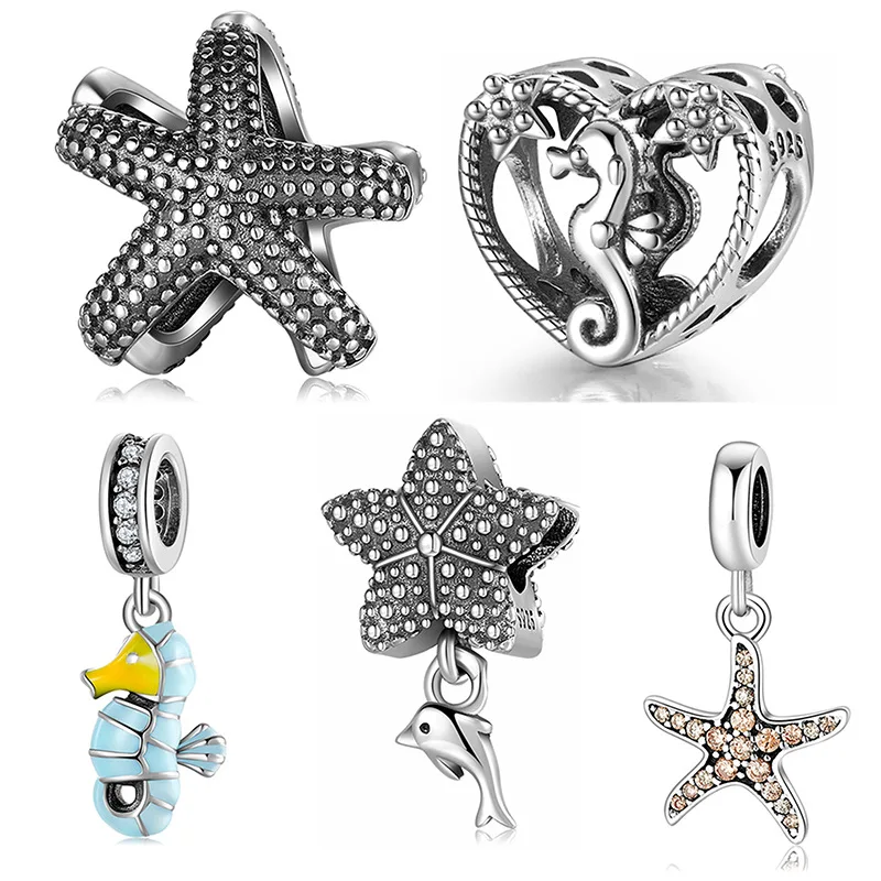 

S925 silver beads ocean seahorse starfish series Beaded pendant DIY accessories