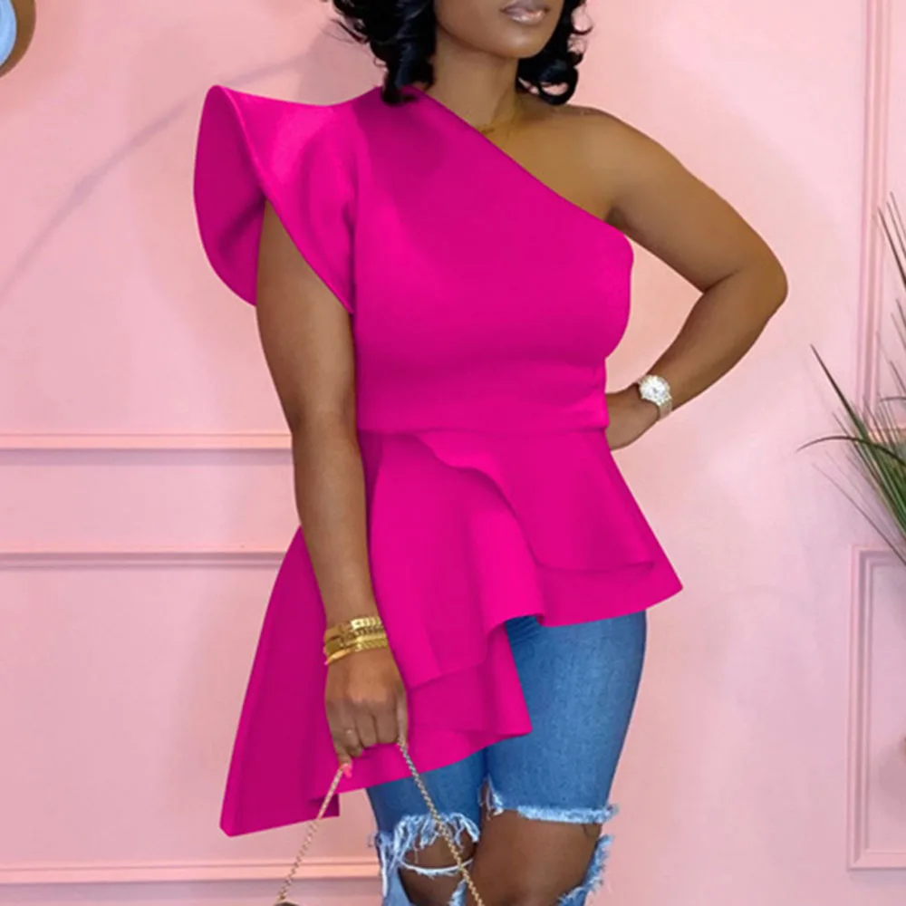 Сексуальная Блузка на одно плечо топы с высокой талией розовые красные длинные