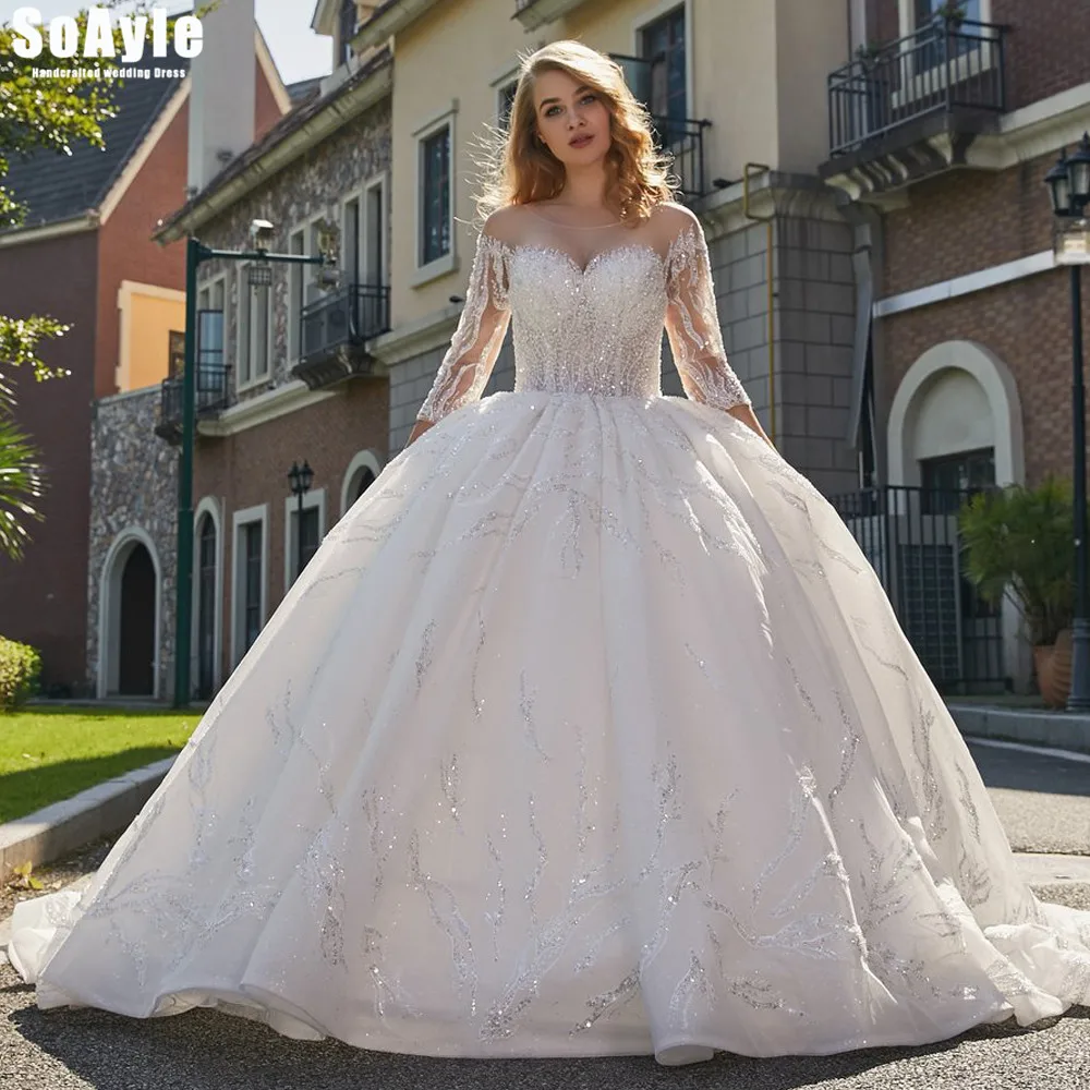 

SoAyle # B202 с украшениями в виде кристаллов Расшитое бисером свадебное платье с рукавом три четверти кружевное Саудовская Аравия торжественные платья размера плюс Vestido De Novia