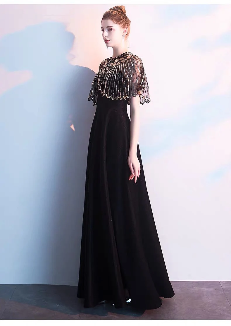 Черные платья для выпускного с накидкой новинка лидер продаж ТРАПЕЦИЕВИДНОЕ