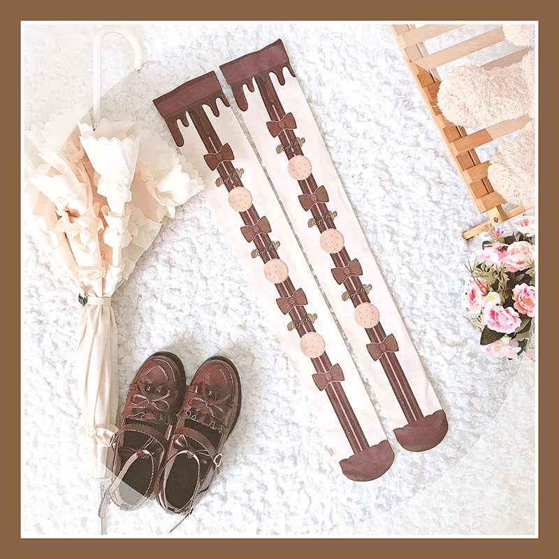 

Princess sweet lolita stockings Summer Mid length velvet super thin printed calf stockings over knee Lolita stockings RJ013