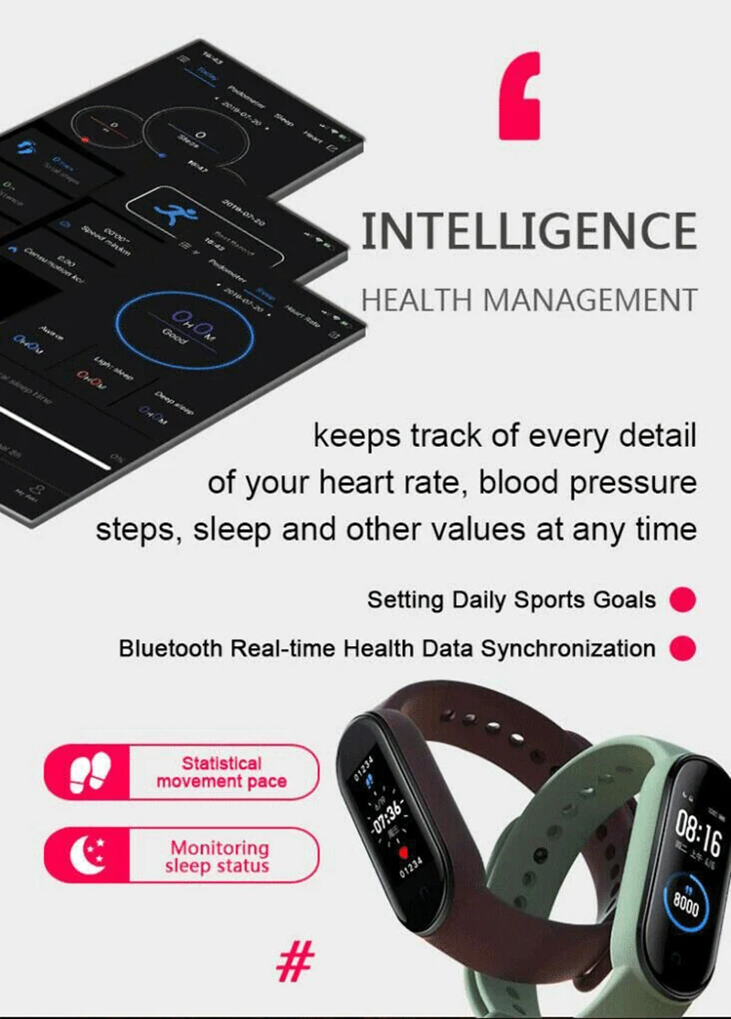 

M5 Smart Band Bracelet IP67 Waterproof Smarthwatch Fitness Blood Pressure Tracker Smartband Fitness Wristbands For Adriod IOS