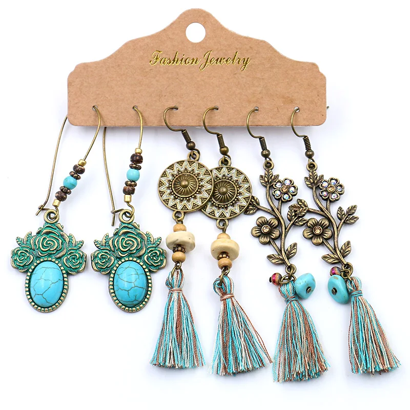 

Bronze Silver Color Ethnic Earrings Sets Jewelry Long Metal Tassel Dangling Earrings for Women Leaf Flowers Geometric Earring