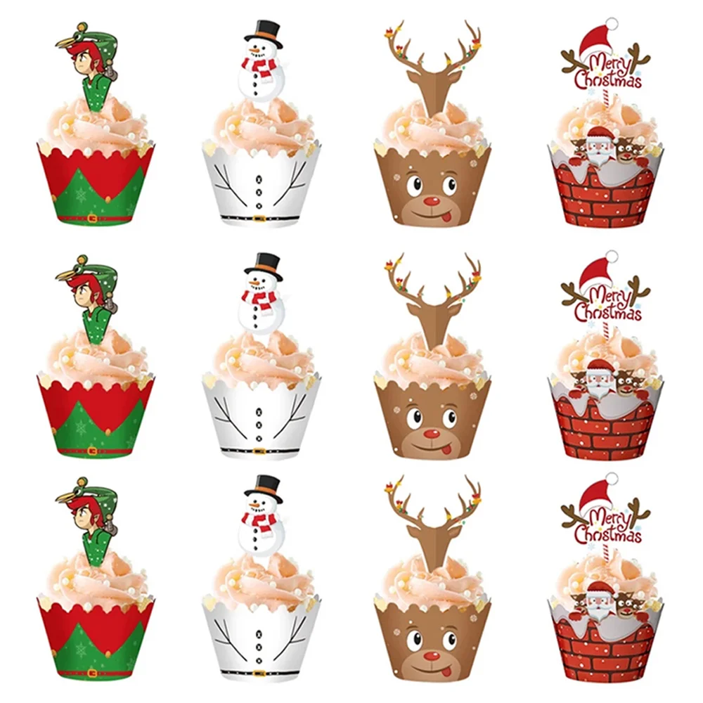 

24 Pcs Christmas Paper Cupcake Wrapper Christmas New Year Birthday Party Cake Decorations Tools Santa Claus Cake Topper