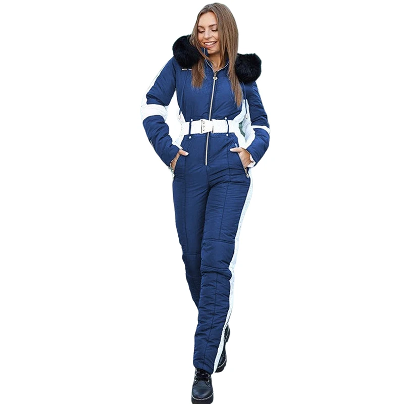 Fashion New Winter Women's Hooded Jumpsuits Parka Cotton Padded Warm Sashes Ski Suit Straight Zipper One Piece Casual Tracksuits images - 6