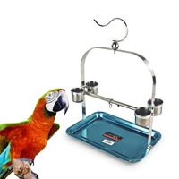 bird perch parrot cage bite stand stainless steel birds stand rack toy paw grinding hanging shelf with 4 feeder cup