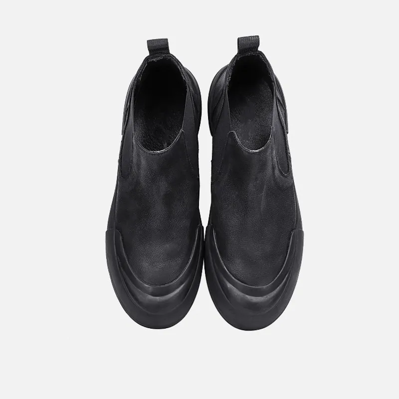 Зимние мужские ботильоны на плоской подошве в стиле ретро без застежек с круглым
