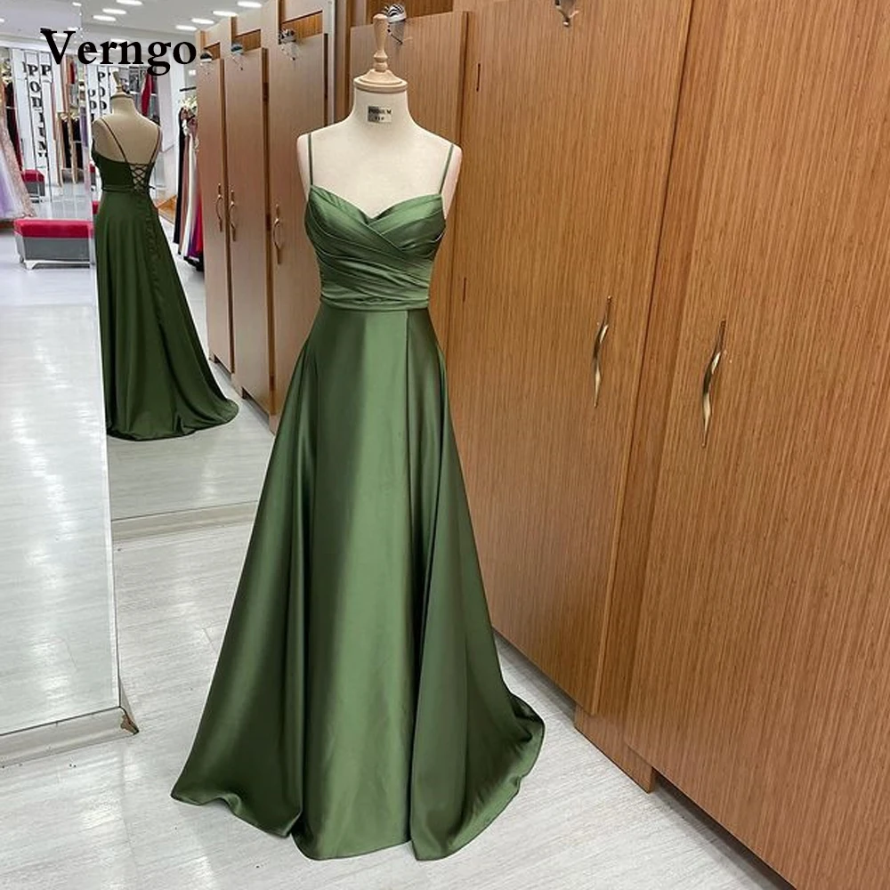 

Verngo Army Green Satin A Line Prom Dresses Spaghetti Straps Pleats Lace Up Back Evening Gowns Long Simple Formal Party Dress