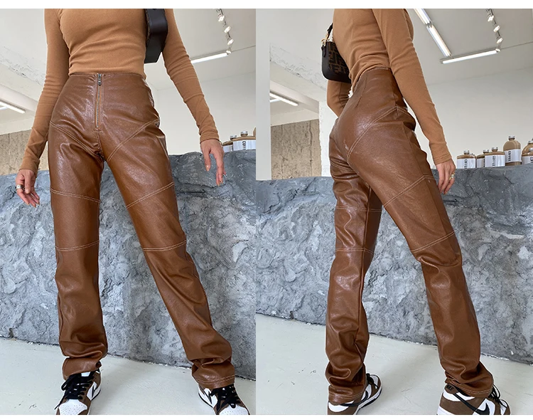 

Wide Leg Trousers Black Fashion Pu 2021 Clothing Womens Faux Leather High Waist Straight Pants Female Boyfriend Loose