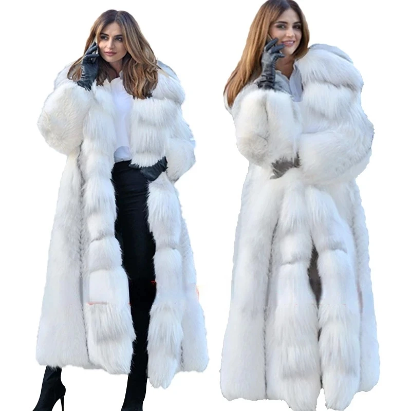 Winter Fashion Faux Fur Fox Hooded Coat women's mid-length Loose Warm Jacket For Woman S-XXXXL | Женская одежда