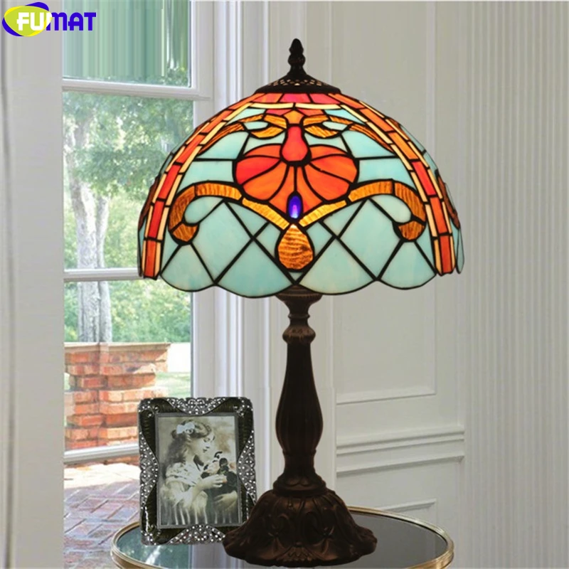 

FUMAT stained glass table lamp blue orange color tiffany desk light dia 8 inch handcraft home decor e14 LED lamps classical gift