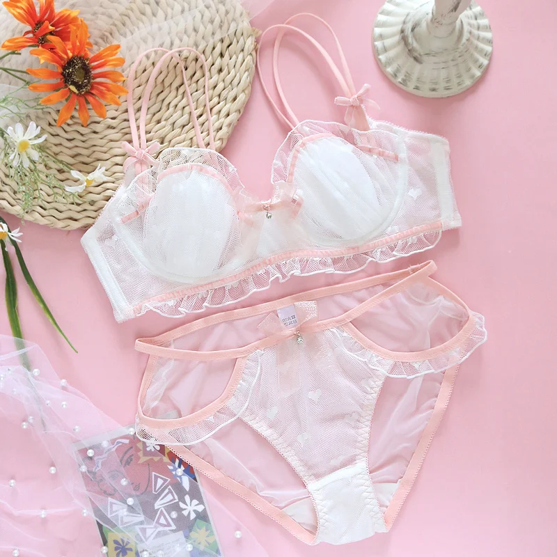 

Beautiful Underwear Lolita Wedding Transparent Bra and Panty Set Japanese Sexy Thin Mesh Kawaii Cup Push Up Bra & Brief Sets New
