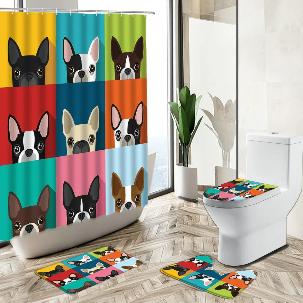 

Bulldog Dog Cat Shower Curtains Cartoon Bathroom Sets Fun Animal Color Creative Cute Kid Non-Slip Carpet Toilet Cover Floor Mat