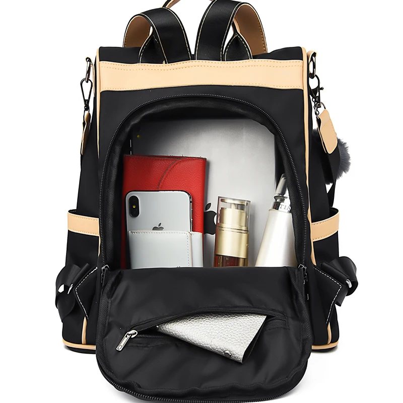 

New Cut Hair Ball Pendant Oxford Cloth Backpack for Women Luxury Designer Waterproof Bagpack Ladies Girls Patchwork Backbag Sac
