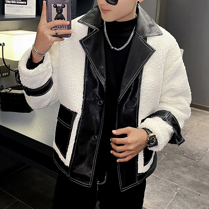 Winter Korean Lambswool Men's Jackets Locomotive Lapel Thicken Warm Parkas Casual Short Streetwear Social Overcoat Male Clothing