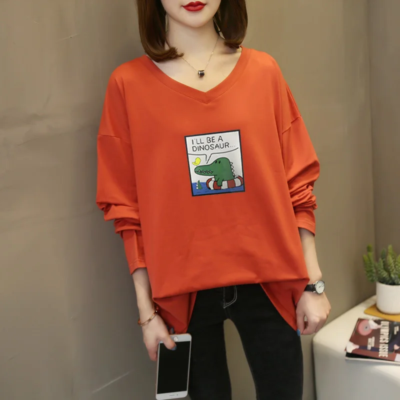 

Printed Creative Cartoon V-neck All-Matching mm Korean Style T-shirt Women's plus Size Long Sleeve Pure Cotton Women's Wear
