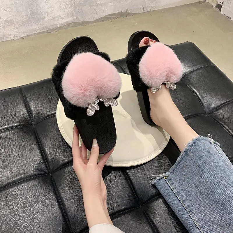 

Women Slippers Home Shoes Women House Slippers Warm Love Heart Non-Slip Floor Home Furry Slippers Fashion Fur Slides