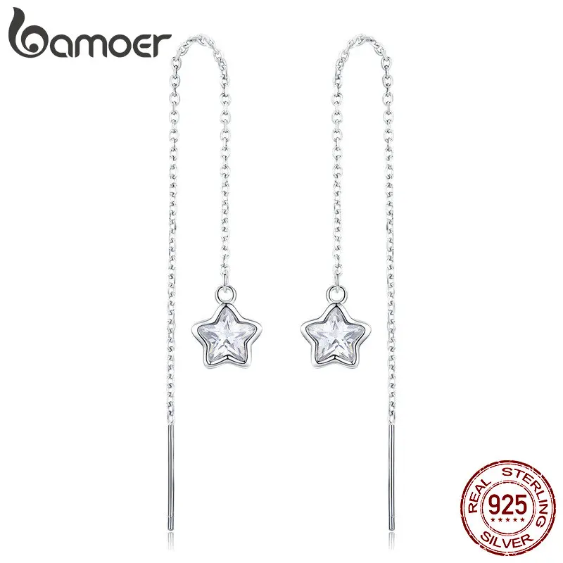 BAMOER, настоящее 925 пробы, серебро, Сияющая Звезда, длинная цепочка, висячие серьги для женщин, прозрачный CZ, для свадьбы, помолвки, ювелирные изделия SCE470
