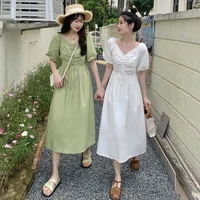 large size fat mm best friend v neck drawstring pleated bubble sleeve dress womens 2021 summer new waist french fairy dress