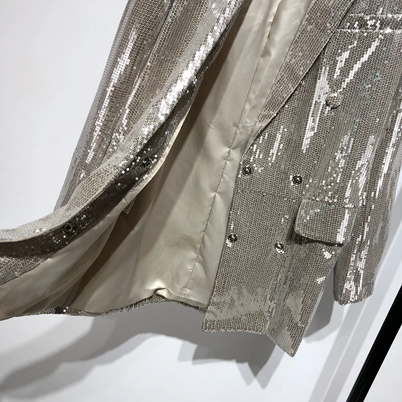 Женский блестящий пиджак с блестками Cakucool серебристый отложным воротником