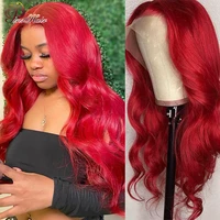 hot red colored transparent body wave wigs for women human hair burgundy lace front wig brazlilan body wave lace part wigs remy