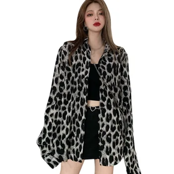 Spring Women Leopard Print Shirt Retro Hong Kong Flavor Autumn Mid-Length Loose Long-sleeved Blouse 1
