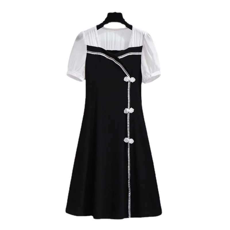 

Vintage 2021 Summer Women Short Sleeve V-Neck Patchwork Button Cheongsam Improve Casual Mini Dress 4XL Plus Size Loose Vestidos