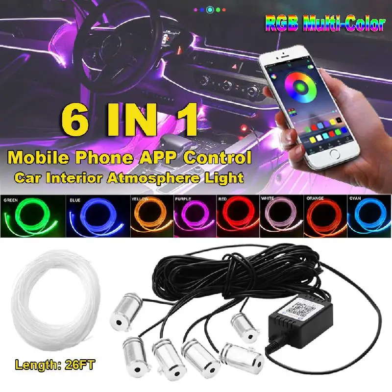 

RGB LED Strips Ambient Light APP Control for Car Interior Atmosphere Light Lamp 8 colors DIY Music 8M Fiber Optic Band