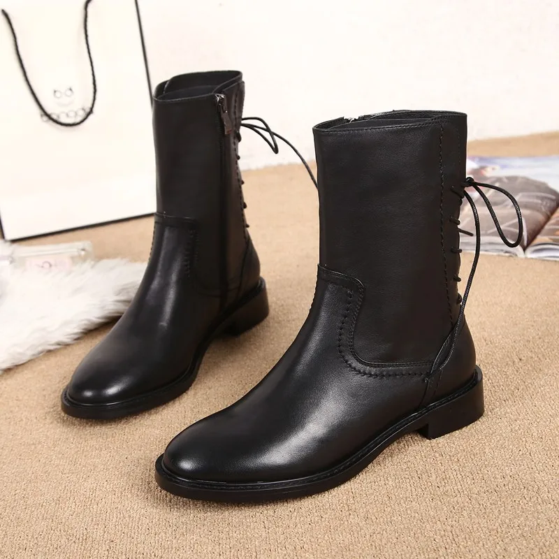 

England Style Ankle Boots Women Genuine Cowhide Round Toe Lace-Up Thick Heel Shoes Female Winter Black Motorcycle Flat Boots