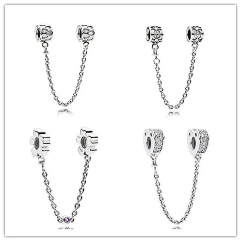 

925 Sterling Silver Charm Wildflower Meadow With Purple Crystal Safety Chain Beads Fit pan Bracelet & Necklace DIY Jewelry