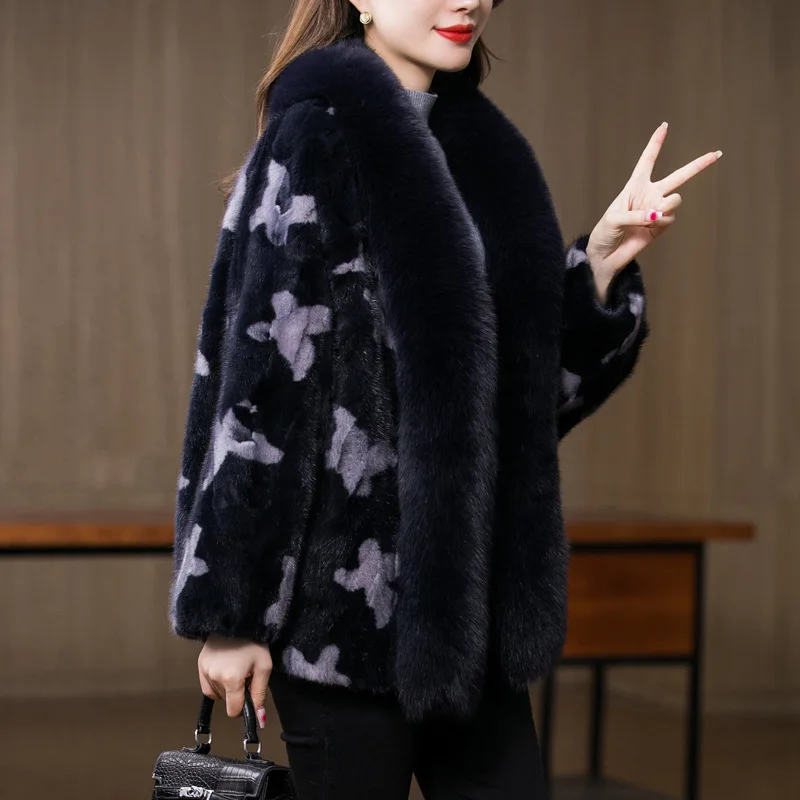 2021 Fashion Mink Fur Coats Fox Fur Collar Dark Blue Print Jackets Warm High Quality Luxury Ladies Outwear Winter Jackets