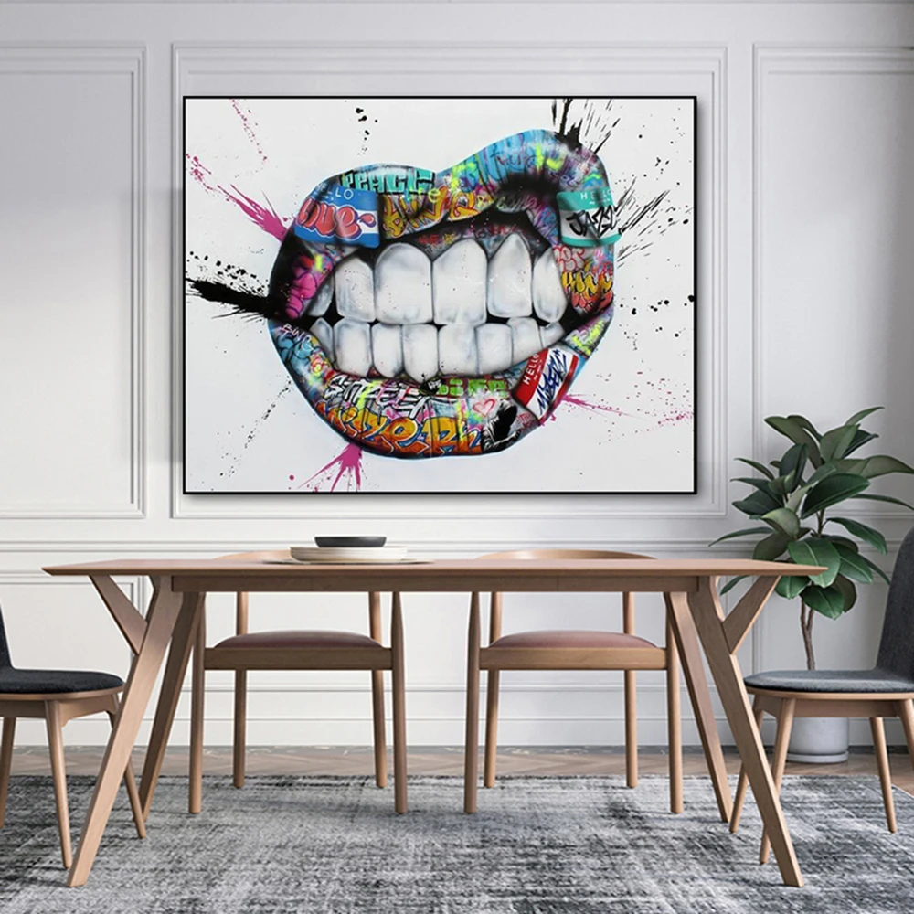 

Show Teeth Lips Graffiti Art Canvas Printings Painting Street Kiss Posters and Prints Wall Art Picture for Living Room Bedroom
