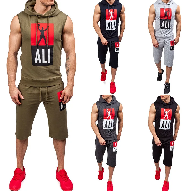 

Men's Plus Size Hoodies Sleeveless Top Shorts Outdoor Fitness Sportswear 2-piece Set Hoodie+ Men Fitness Trousers