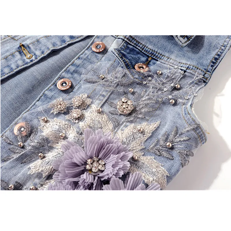 Летний новый модный короткий джинсовый жилет с аппликацией бриллиантов женский