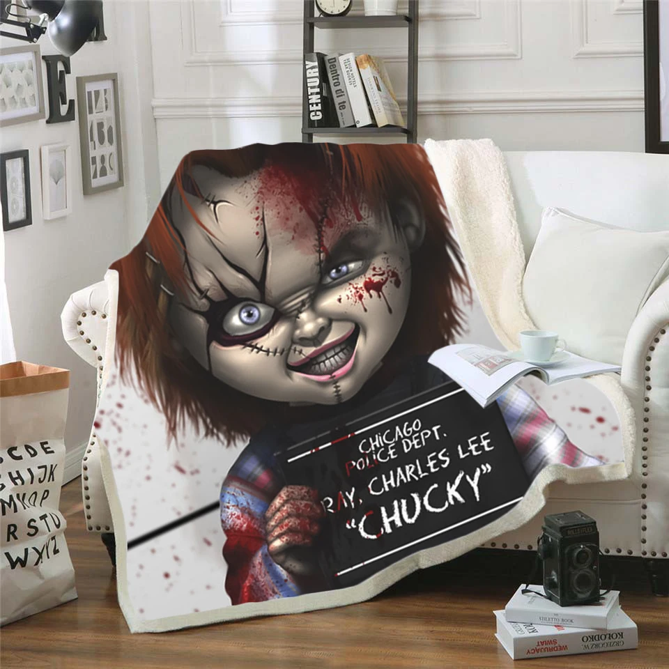 

Newest Horror Movie Child of Play Character Chucky Blanket Gothic Sherpa Fleece Wearable Throw Blanket Microfiber Bedding 10