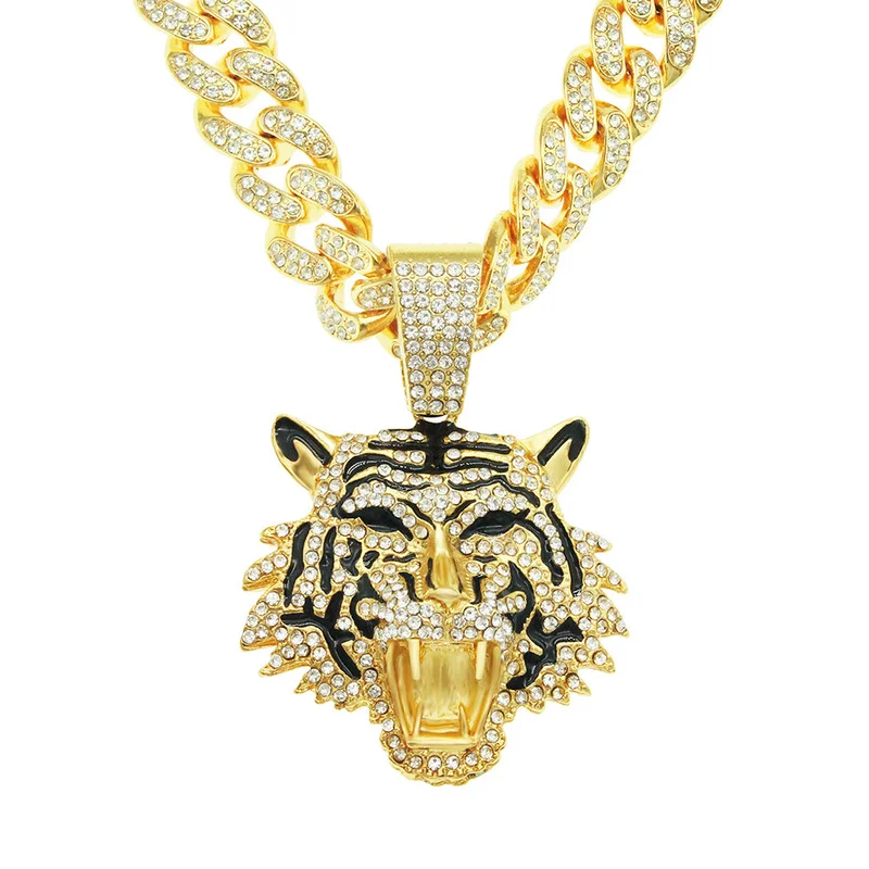 

2022 Hip Hop Full Iced Out Rhinestone Bling Tiger Pendants Necklaces Men Women Jewelry with Cuban Chains Men's Gifts Necklaces