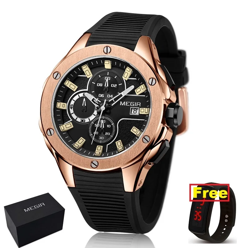 Rgold-box plus gift MEGIR, мужские спортивные часы, хронограф, силиконовый ремешок, кварцевые армейские военные часы, часы для мужчин, лучший бренд, Роскошные мужские часы - Цвет: Rgold-box plus gift