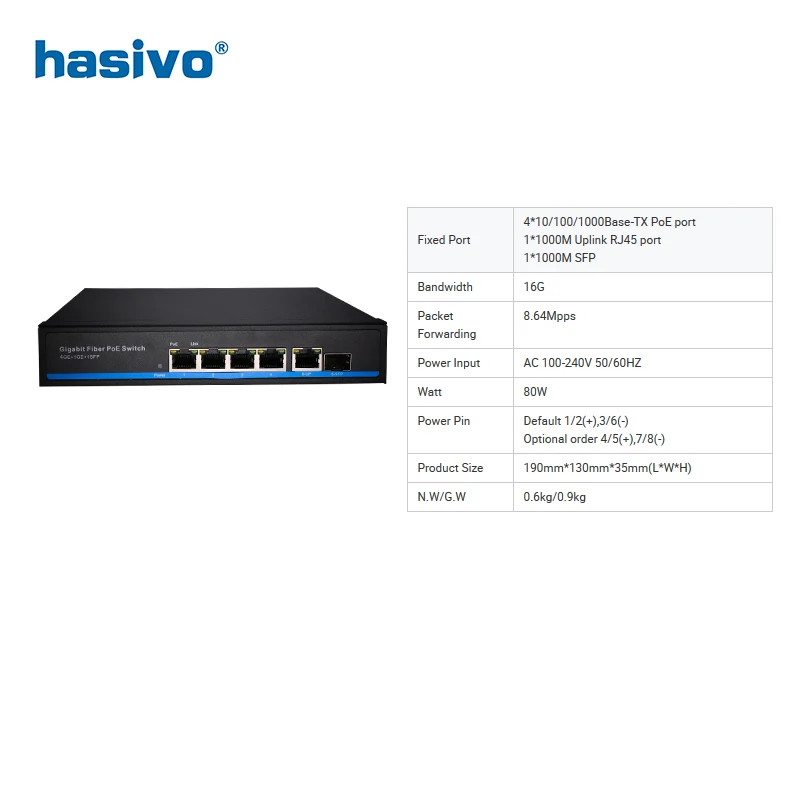 Сетевой Ethernet коммутатор с 4 портами PoE 1 портом Uplink и SFP для камеры POE Gigabit 10/100 Мбит/с