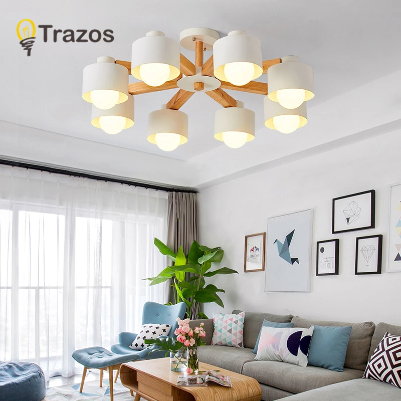 

TRAZOS Nordic 220V LED Chandelier With Iron Lampshade For Living Room Modern Wooden Lustres Wood Foyer Chandelier Lighting