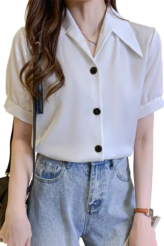 

COIGARSAM Office Lady Short Sleeve Shirt Womens tops New Summer Women shirts White 303