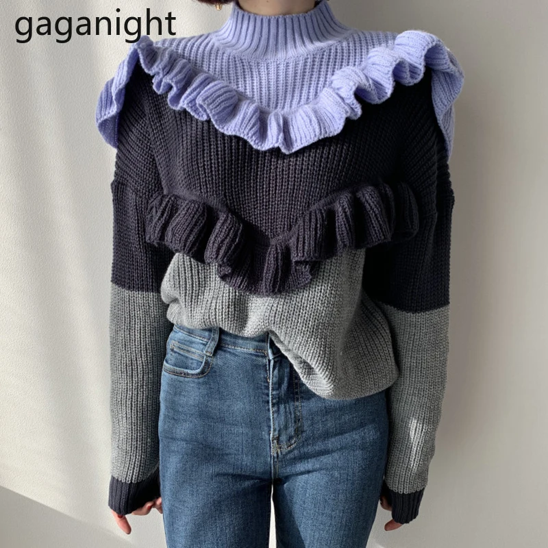 

Gaganight, повседневный женский лоскутный цветной пуловер с оборками, Модный женский шикарный блузка, топы, свободный Женский пуловер, новинка