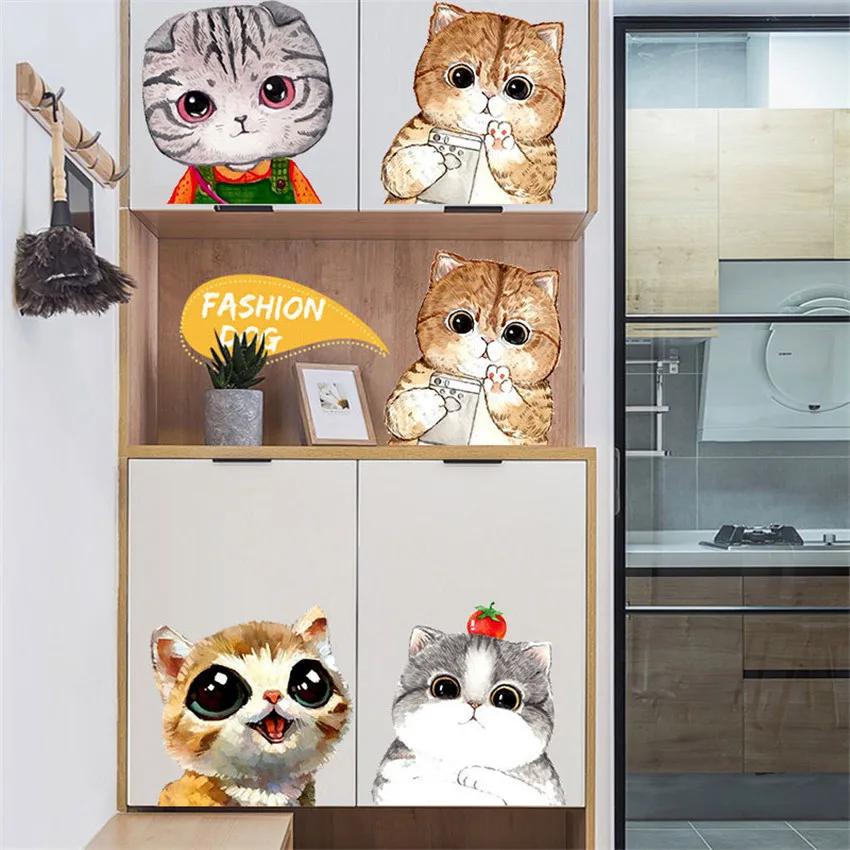 Cartoon watercolor cats Wall Stickers DIY Animal Decal for Kids Room Nursery background Wardrobe Door Decoration wallpaper | Дом и сад