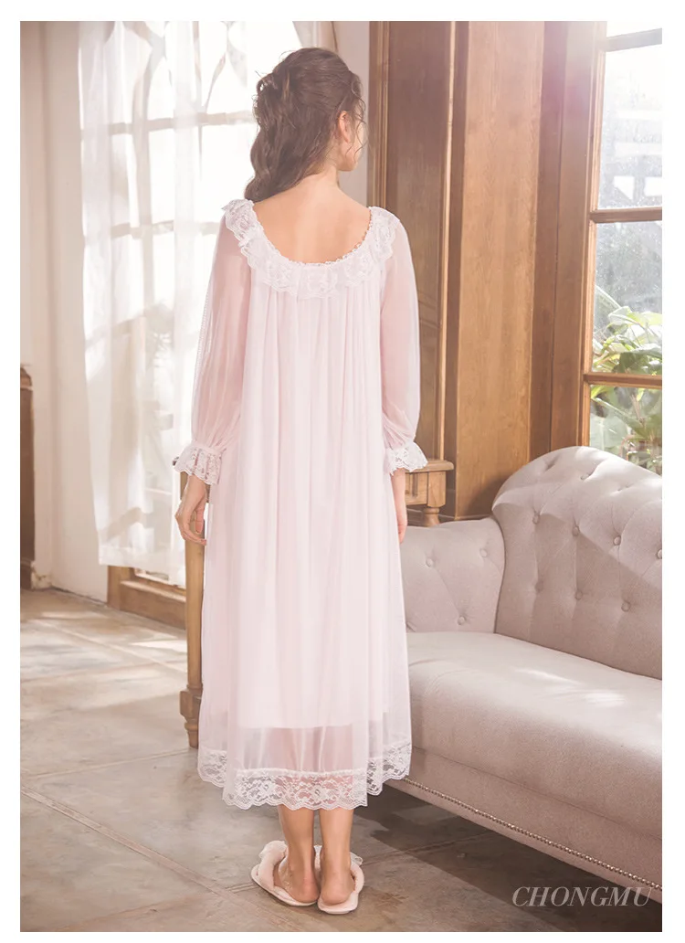 Элегантный белый розовый Sleepdress осеннее кружевное платье, одежда для сна, Фонари с галстуком-бабочкой, одежда для сна с длинными рукавами, ночная рубашка из хлопка, пижама, пеньюар