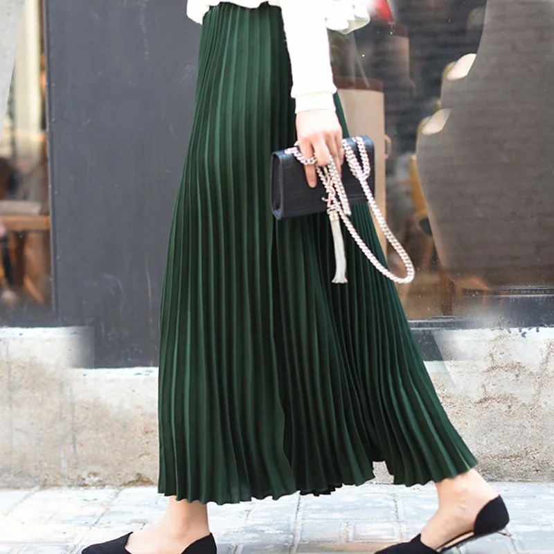 Dark-Green Qiuxuan, женские макси одноцветные юбки, Весенняя эластичная плиссированная юбка с высокой талией, юбка длиной до щиколотки, женские повседневные юбки, разные цвета - Цвет: Dark-Green